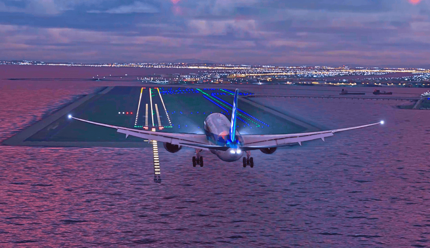 Cinematic Boeing 787 evening runway approach