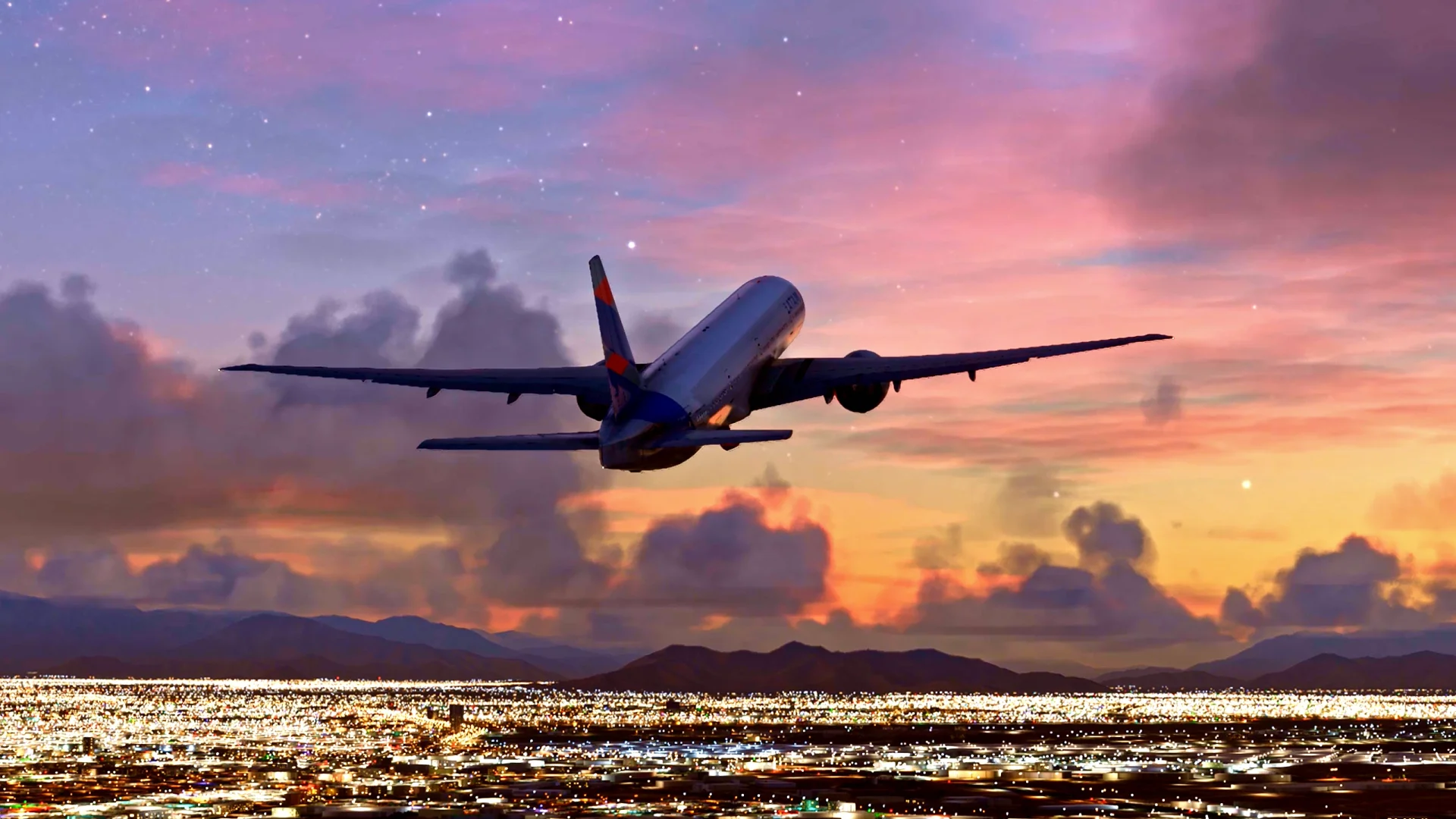 Aircraft climbing over city at dusk