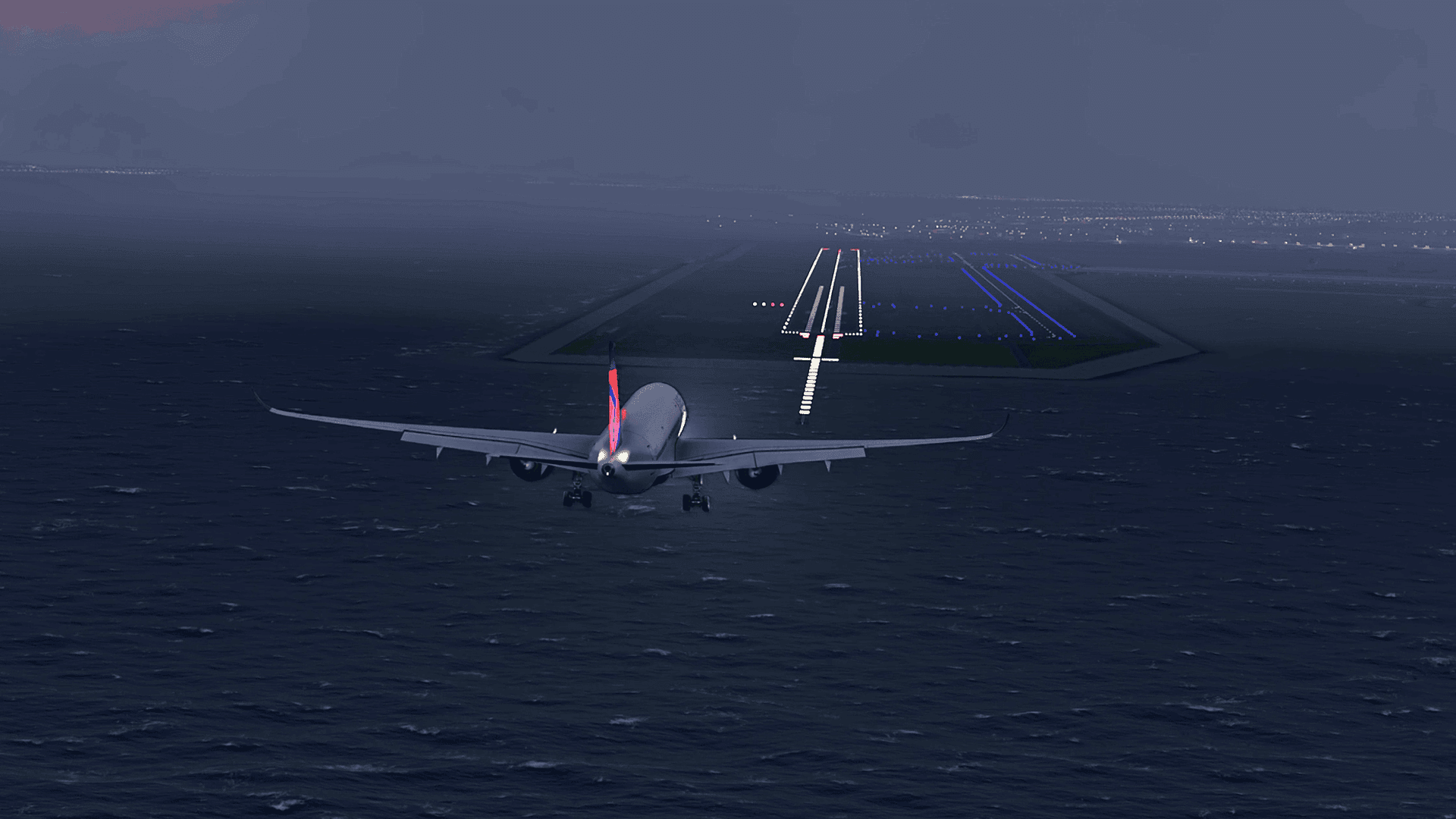 Cinematic Airbus A350 nighttime runway approach